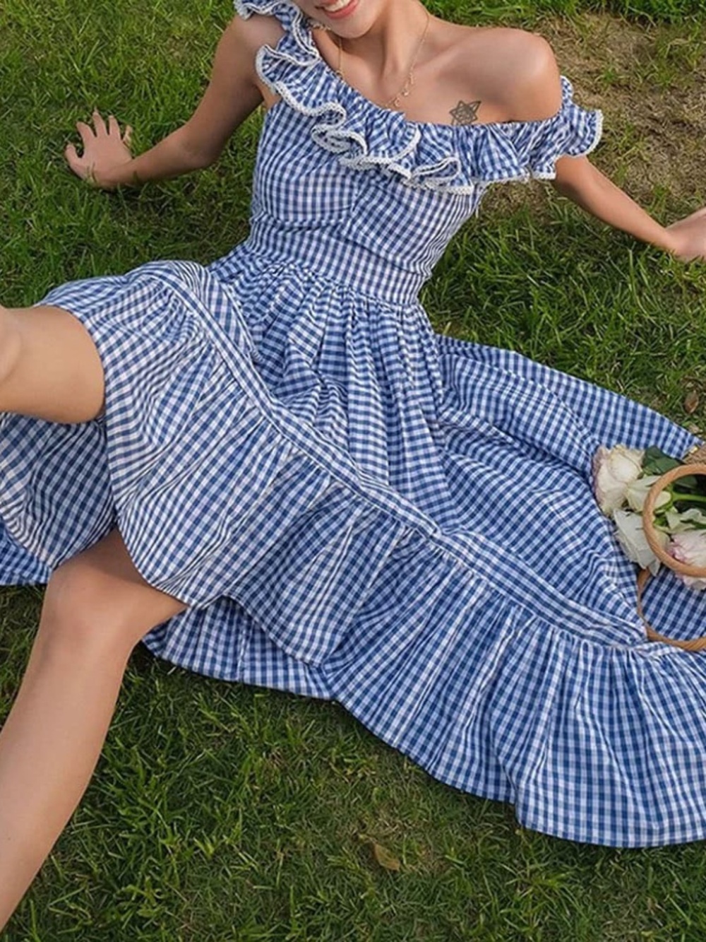 DÔEN Sora Gingham Ruffle Midi Dress